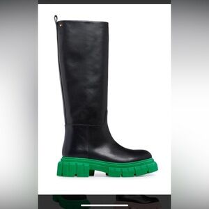Black Leather Knee-High Boots with Green Lug Sole